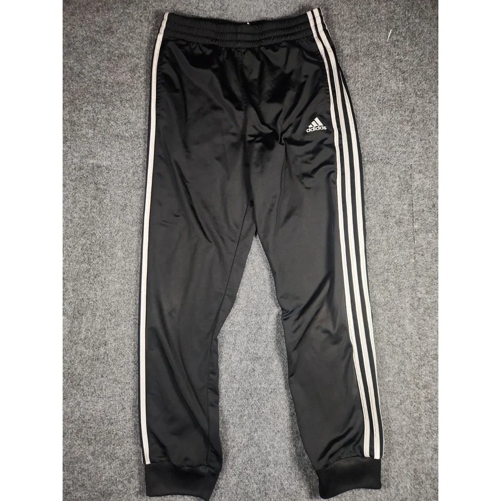 Adidas Boys XL 18/20 Tricot Track Pants Black White 3-Stripes Tapered Joggers